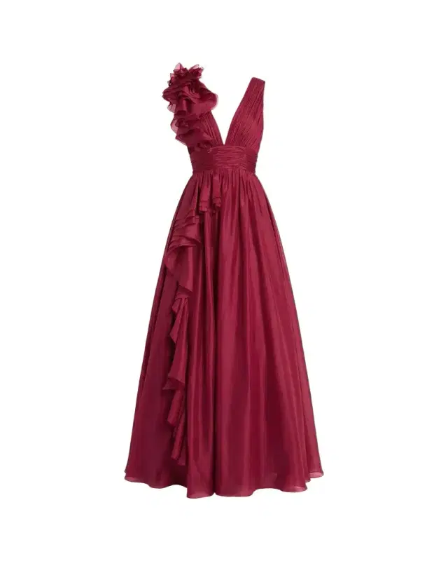 Mac Duggal Plunging V-Neck Ruffled Ball Gown