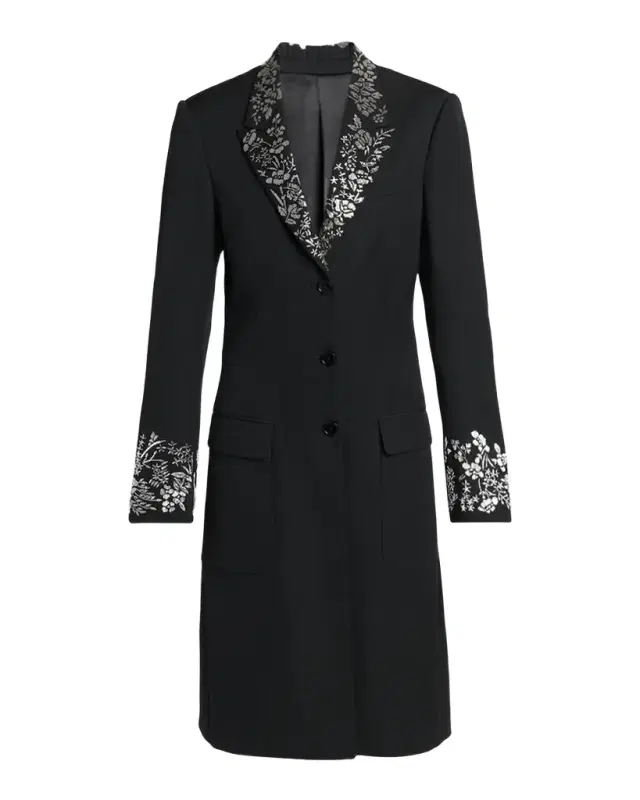 McQueen Floral Embroidered Grain De Poudre Wool Coat
