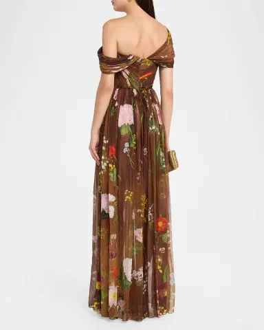 Oscar de la Renta One-Shoulder Mixed Botanical Silk Chiffon Gown | Thumbnail 3 Oscar de la Renta One-Shoulder Mixed Botanical Silk Chiffon Gown | Thumbnail 3