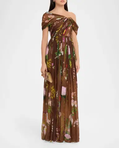 Oscar de la Renta One-Shoulder Mixed Botanical Silk Chiffon Gown | Thumbnail 4 Oscar de la Renta One-Shoulder Mixed Botanical Silk Chiffon Gown | Thumbnail 4