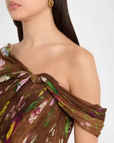 Oscar de la Renta One-Shoulder Mixed Botanical Silk Chiffon Gown | Thumbnail 5 Oscar de la Renta One-Shoulder Mixed Botanical Silk Chiffon Gown | Thumbnail 5