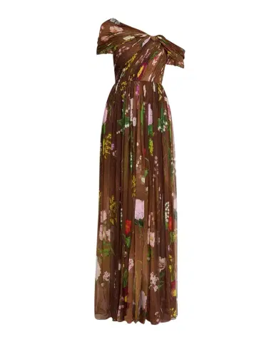 Oscar de la Renta One-Shoulder Mixed Botanical Silk Chiffon Gown | Thumbnail 1 Oscar de la Renta One-Shoulder Mixed Botanical Silk Chiffon Gown | Thumbnail 1