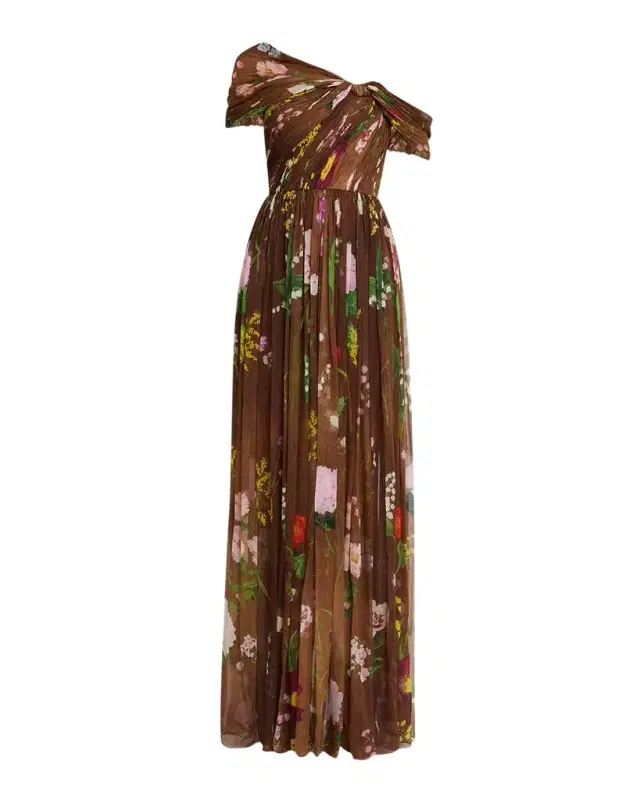 Oscar de la Renta One-Shoulder Mixed Botanical Silk Chiffon Gown