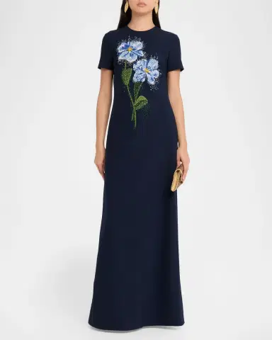 Oscar de la Renta Floral Beaded Short-Sleeve A-Line Gown | Thumbnail 2 Oscar de la Renta Floral Beaded Short-Sleeve A-Line Gown | Thumbnail 2