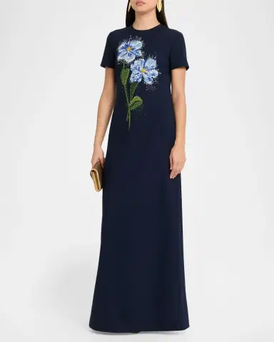 Oscar de la Renta Floral Beaded Short-Sleeve A-Line Gown | Thumbnail 4 Oscar de la Renta Floral Beaded Short-Sleeve A-Line Gown | Thumbnail 4