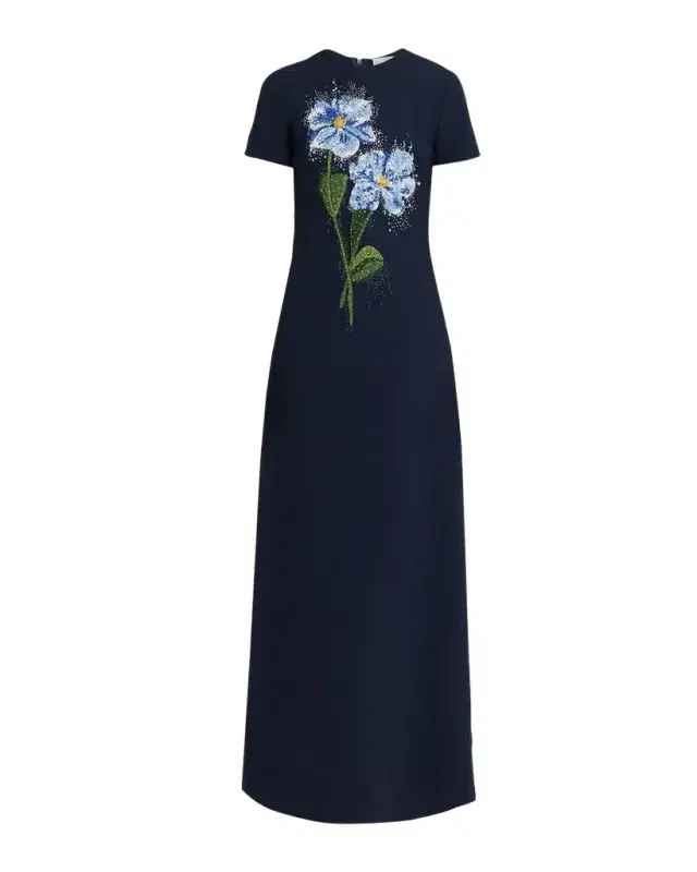 Oscar de la Renta Floral Beaded Short-Sleeve A-Line Gown