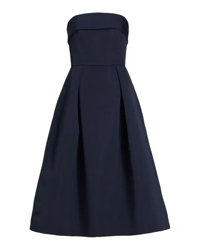 Amsale Foldover Strapless Faille Pleated Midi Dress
