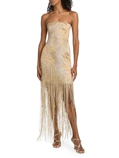 Oscar de la Renta Women's Embellished Palm Raffia Fringe Strapless Gown | Thumbnail 3 Oscar de la Renta Women's Embellished Palm Raffia Fringe Strapless Gown | Thumbnail 3