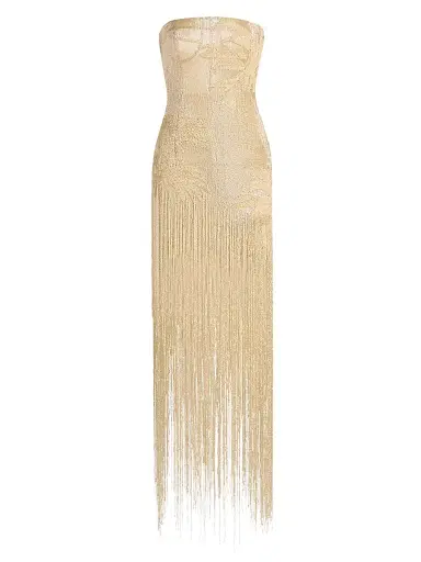 Oscar de la Renta Women's Embellished Palm Raffia Fringe Strapless Gown | Thumbnail 1 Oscar de la Renta Women's Embellished Palm Raffia Fringe Strapless Gown | Thumbnail 1