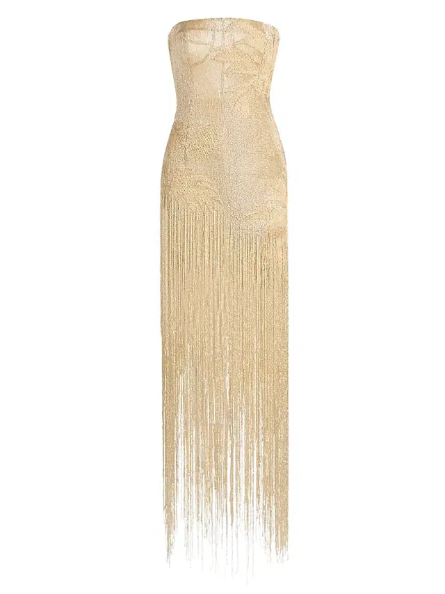 Oscar de la Renta Women's Embellished Palm Raffia Fringe Strapless Gown - Beige