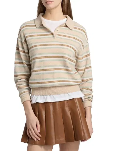 Guest In Residence Women's Collegiate-Striped Cashmere Polo Shirt - Sandstone Combo | Thumbnail 3