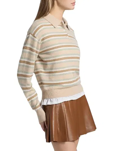 Guest In Residence Women's Collegiate-Striped Cashmere Polo Shirt - Sandstone Combo | Thumbnail 4