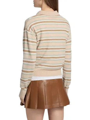 Guest In Residence Women's Collegiate-Striped Cashmere Polo Shirt - Sandstone Combo | Thumbnail 5