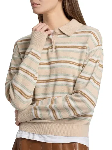 Guest In Residence Women's Collegiate-Striped Cashmere Polo Shirt - Sandstone Combo | Thumbnail 6