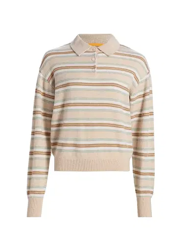 Guest In Residence Women's Collegiate-Striped Cashmere Polo Shirt - Sandstone Combo | Thumbnail 1