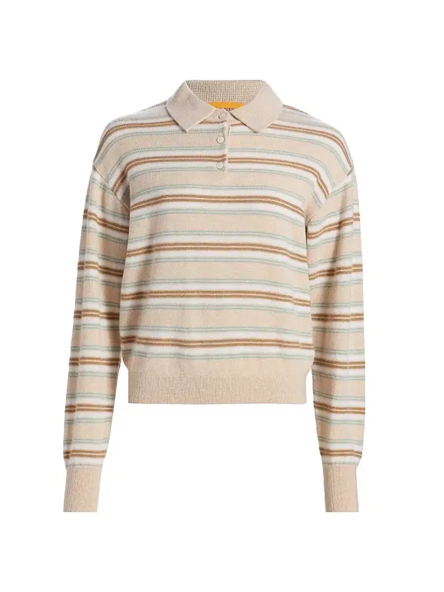 Women's Collegiate-Striped Cashmere Polo Shirt - Sandstone Combo