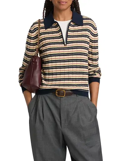 Guest In Residence Women's Striped Silk-Linen Track Polo Shirt - Midnight Combo - Size XL | Thumbnail 3