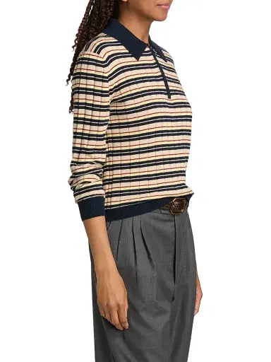 Guest In Residence Women's Striped Silk-Linen Track Polo Shirt - Midnight Combo - Size XL | Thumbnail 4