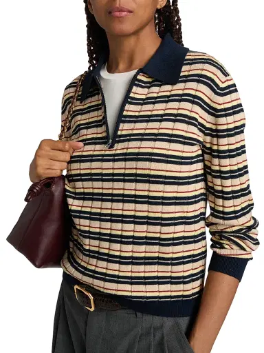 Guest In Residence Women's Striped Silk-Linen Track Polo Shirt - Midnight Combo - Size XL | Thumbnail 6