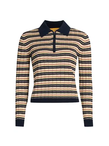 Guest In Residence Women's Striped Silk-Linen Track Polo Shirt - Midnight Combo - Size XL | Thumbnail 1