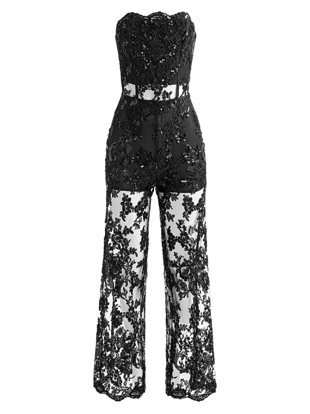 ALICE + OLIVIA Women's Georgie Sequin-Embellished Lace Jumpsuit - Black