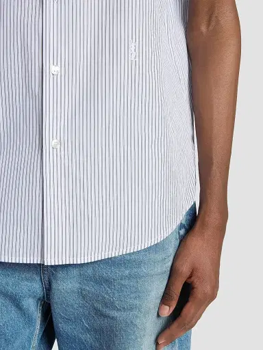 Saint Laurent Men's Cassandre Shirt in Striped Cotton Poplin - Craie Noir Bleu - Size 16.5 | Thumbnail 5 Saint Laurent Men's Cassandre Shirt in Striped Cotton Poplin - Craie Noir Bleu - Size 16.5 | Thumbnail 5