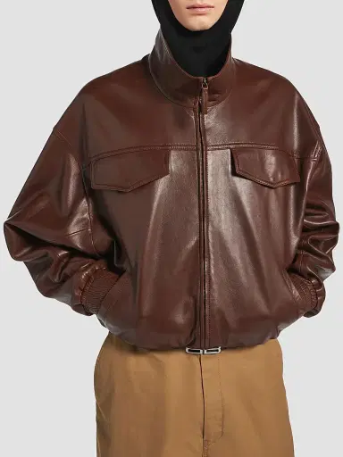 Balenciaga Men's High Collar Leather Bomber Jacket | Thumbnail 3