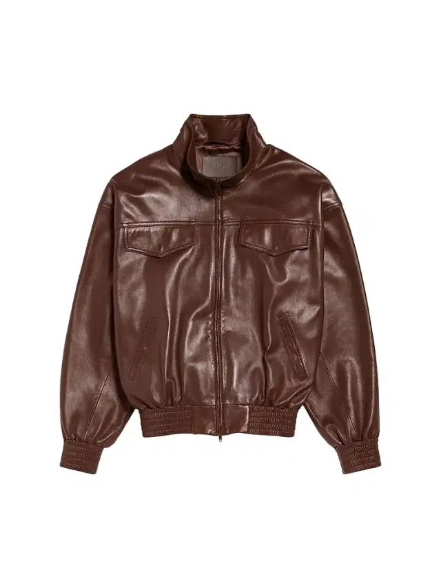 Balenciaga Men's High Collar Leather Bomber Jacket - Castor