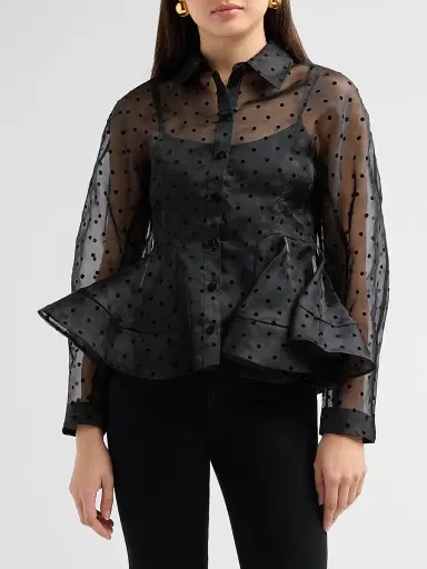 Ganni Women's Flocked Dot Organza Peplum Shirt | Thumbnail 4 Ganni Women's Flocked Dot Organza Peplum Shirt | Thumbnail 4