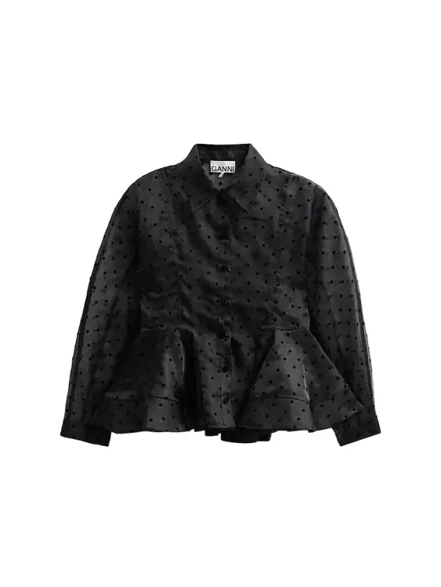 Ganni Women's Flocked Dot Organza Peplum Shirt - Black