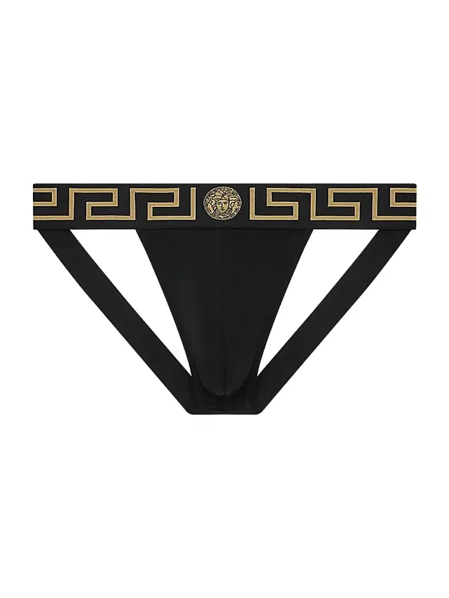 Versace Men's Medusa Stretch-Cotton Jock Strap - Black Gold Greek Key