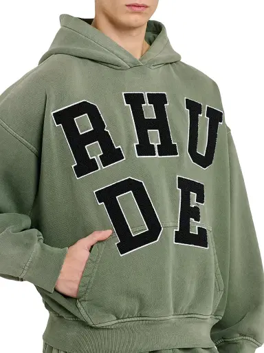 Rhude Men's Chenille Patch Logo Hoodie - Washed Olive Black - Size XL | Thumbnail 6 Rhude Men's Chenille Patch Logo Hoodie - Washed Olive Black - Size XL | Thumbnail 6