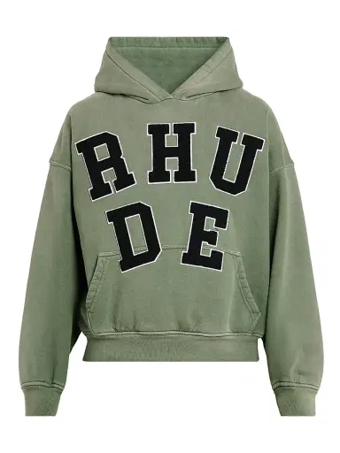 Rhude Men's Chenille Patch Logo Hoodie - Washed Olive Black - Size XL | Thumbnail 1 Rhude Men's Chenille Patch Logo Hoodie - Washed Olive Black - Size XL | Thumbnail 1