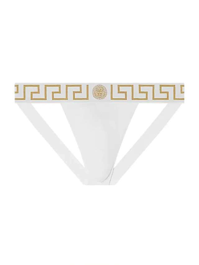 Versace Men's Medusa Stretch-Cotton Jock Strap - White Greek Gold