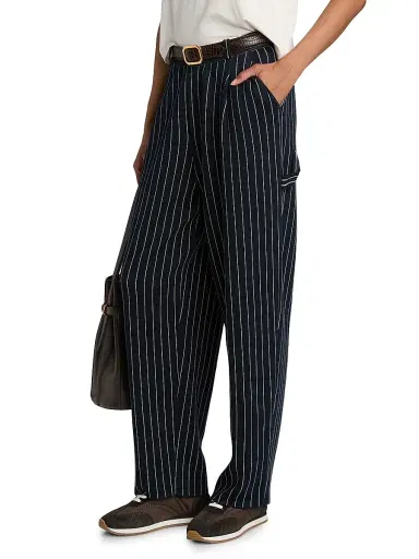 Guest In Residence Women's Pinstriped Cotton-Silk Carpenter Pants - Navy Butter - Size XL | Thumbnail 4