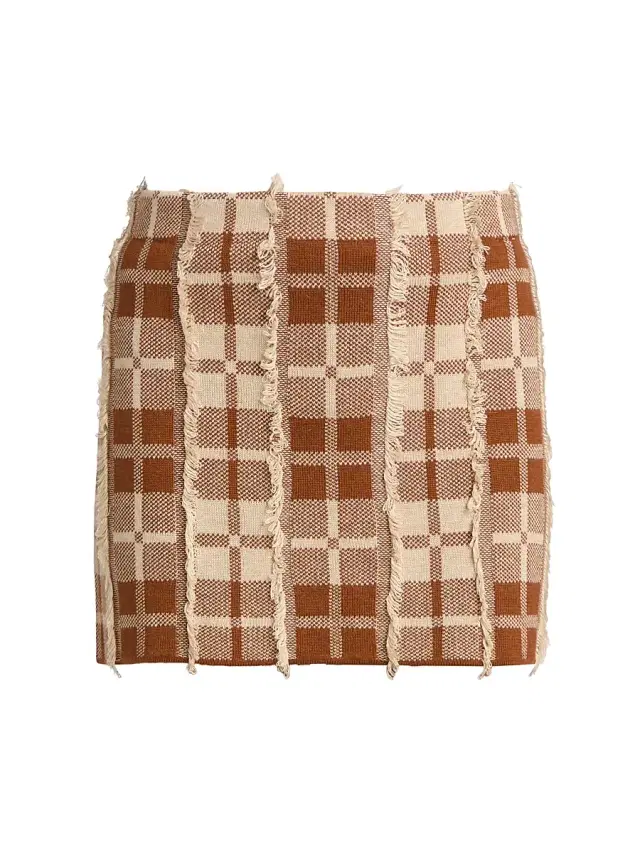 Women's Fringe Plaid Silk-Linen Miniskirt - Burnt Sienna Sandstone