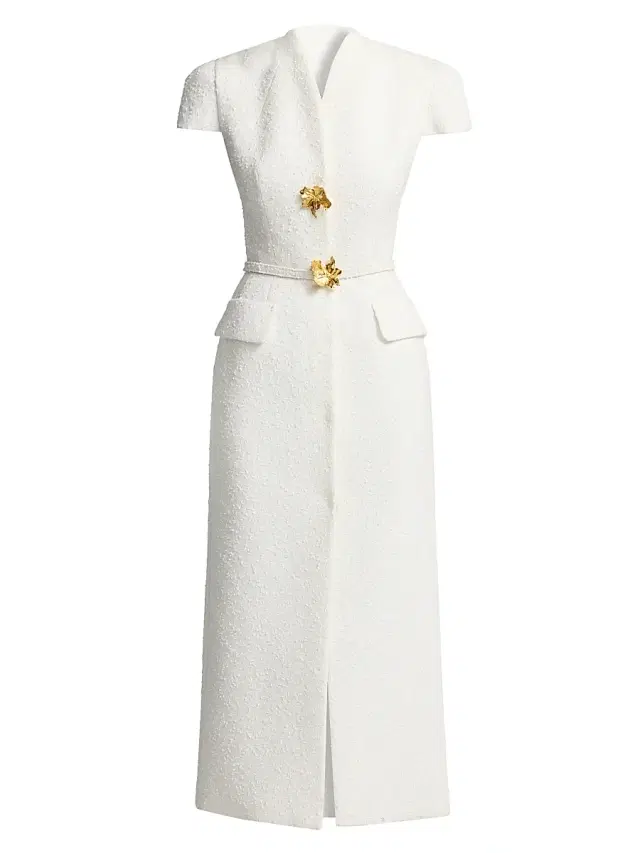 Oscar de la Renta Women's Slubby Tweed Belted Column Day Dress -