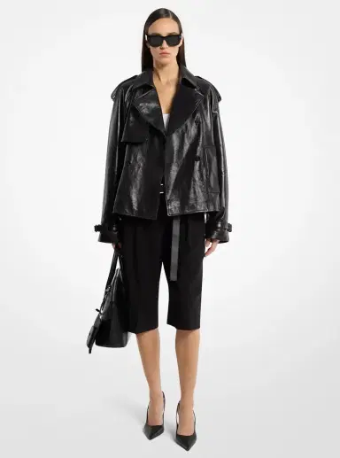Michael Kors Collection Oversized Leather Cropped Trench Coat in | Thumbnail 2 Michael Kors Collection Oversized Leather Cropped Trench Coat in | Thumbnail 2