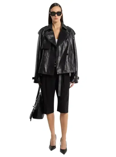 Michael Kors Collection Oversized Leather Cropped Trench Coat in | Thumbnail 1 Michael Kors Collection Oversized Leather Cropped Trench Coat in | Thumbnail 1