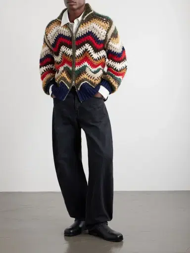 Sacai Striped Crocheted Zip-Up Cardigan - Men | Thumbnail 2 Sacai Striped Crocheted Zip-Up Cardigan - Men | Thumbnail 2