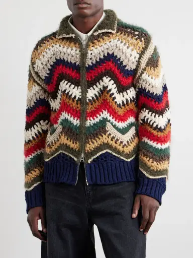 Sacai Striped Crocheted Zip-Up Cardigan - Men | Thumbnail 3 Sacai Striped Crocheted Zip-Up Cardigan - Men | Thumbnail 3