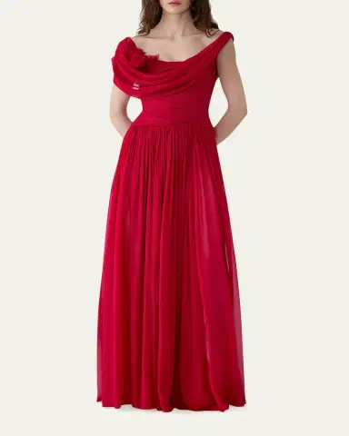 Carolina Herrera Flower Draped Off-The-Shoulder Silk Chiffon Gown | Thumbnail 2 Carolina Herrera Flower Draped Off-The-Shoulder Silk Chiffon Gown | Thumbnail 2