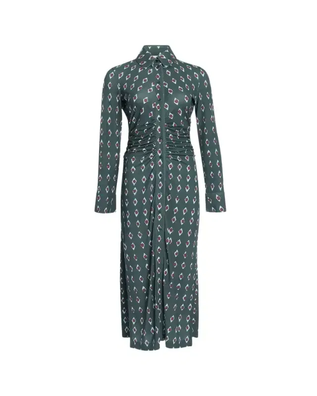 Altuzarra Claudia Diamond-Print Long-Sleeve Ruched Midi Shirtdress