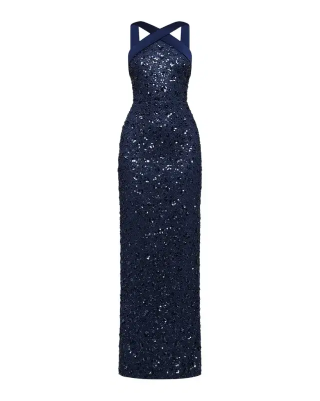 Theia Velina Pleated Floral Applique Mikado Gown