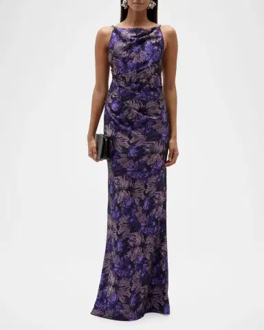 Amsale Cowl-Neck Sleeveless Long Floral Gown | Thumbnail 2