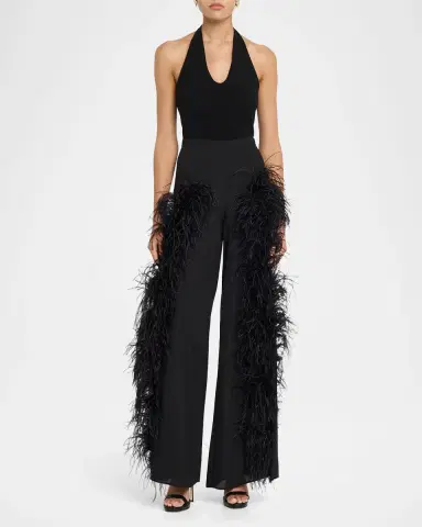 Lapointe Feather-Trim Georgette Wide-Leg Pants | Thumbnail 2 Lapointe Feather-Trim Georgette Wide-Leg Pants | Thumbnail 2