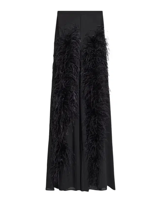 LAPOINTE Feather-Trim Georgette Wide-Leg Pants