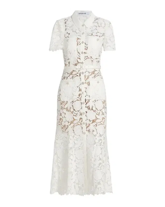 Self-Portrait Tie-Waist Lace A-Line Midi Shirtdress