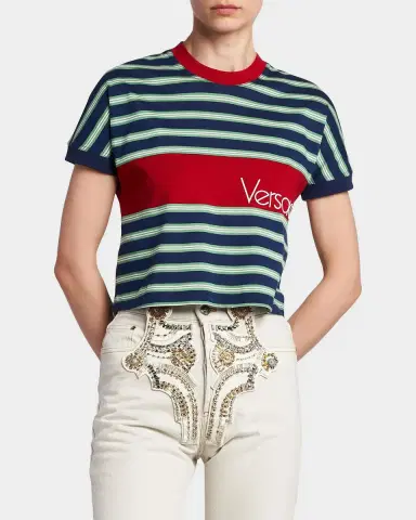 Versace La Vacanza Vintage Logo Striped Cotton T-Shirt | Thumbnail 4 Versace La Vacanza Vintage Logo Striped Cotton T-Shirt | Thumbnail 4