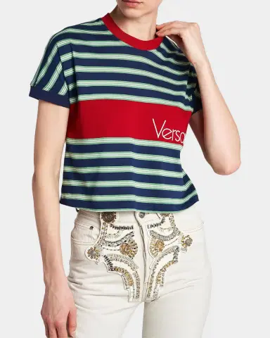 Versace La Vacanza Vintage Logo Striped Cotton T-Shirt | Thumbnail 5 Versace La Vacanza Vintage Logo Striped Cotton T-Shirt | Thumbnail 5